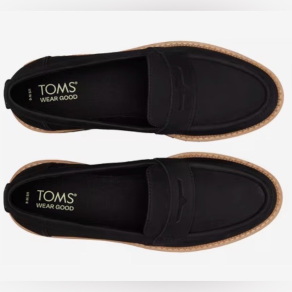 TOMS Cara Penny Loafer Lug Sole Black Leather Platform Slip On Comfy Women’s 10 - Picture 3 of 13